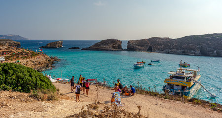 Comino, Malta - September 3, 2019: View to Blue Lagoon and Cominoto island from Comino island....