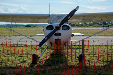 Riga, Latvia - August 15, 2020: Cute face of Aeronca 7AC Champion airplane standing at at Spilves...