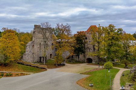 Ruins of Sigulda Medieval Castle, Latvia. It was built by the Livonian Brothers of the Sword who were later incorporated into the Teutonic Order.のeditorial素材