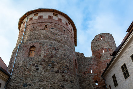 Medieval Bauska Castle courtyard with lookout tower. This is the old section of the castle, established in the 15th century by the Livonian branch of the Teutonic Knights.のeditorial素材