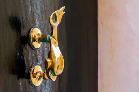 Closeup of brass vintage knocker as dolphin with a trident-shaped tail at black wooden door. Black door with cast brass hardware with patina.の写真素材