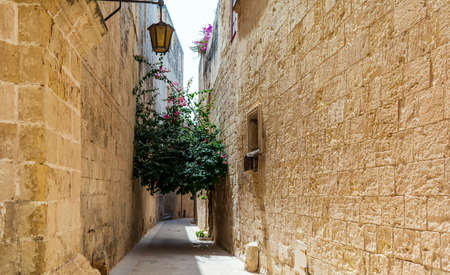 Typical Mdina street. Narrow medieval street of Mdina, also known as "Silent city", paved with stone slabs and surrounded with yellow limestone walls with vintage lanterns.の写真素材