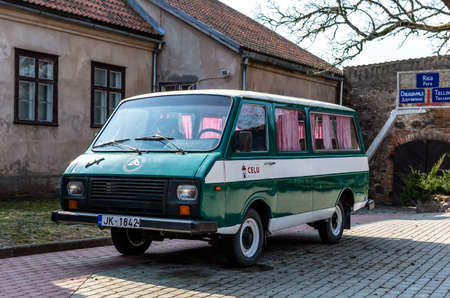Milzkalne, Latvia - March 27, 2021: Retro minibus 'RAF-2203 Latvija'  (nickname Rafik), manufactured in 70s in Latvia, green colour. Was widely used in USSR as taxis, medical cars, an ambulance.のeditorial素材