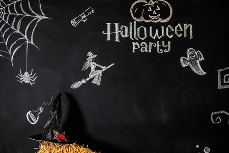 Black background with text and pictures for the celebration of Halloween.の写真素材