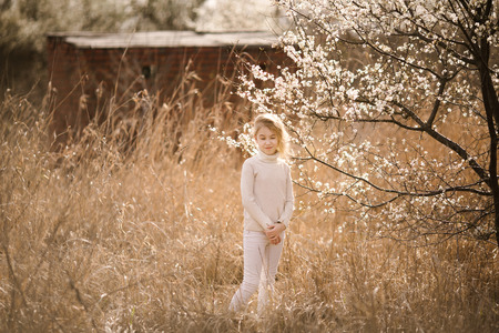 Blonde girl in the blossom garden. Spring background with white flower.の写真素材