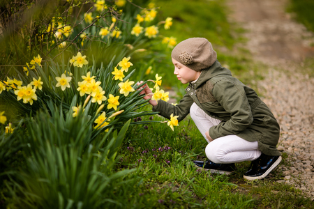 Cute happy little girl in the spring country smelling yellow daffodils.の写真素材