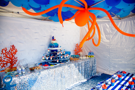 Sea time theme on the party's candy bar.の写真素材