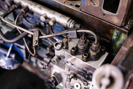 Mechanic repairs old motor of truck in a car repair station. Disassemble engine block vehicle. Motor...