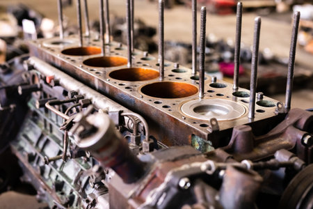 Engine parts of the old havy truck with rusty pipes. Tlorry motor compartment, tractor motor, internal part of auto. Special car service concept.の写真素材