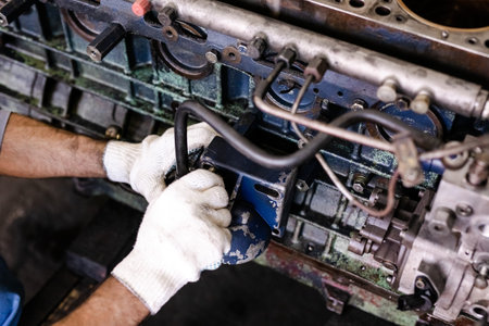 Mechanic opened the locking valve mechanism. Disassemble engine block vehicle. Old motor capital...