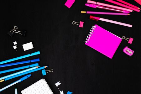 School supplies double border on a chalkboard backgroundの写真素材