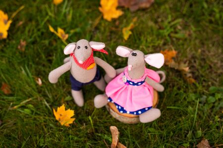 Little mouse toy, symbol of Chinese happy new 2020 in blue dress and new year decoration. Horoscope sign 2020. New Year 's 2020 Symbol. Greeting Christmas card. Front view. Selective focus.の写真素材