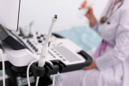 ultrasound machine doctor's hand usg investigation.の写真素材