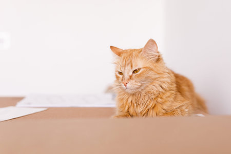 Cute ginger cat in cardboard box on floor at home.の写真素材