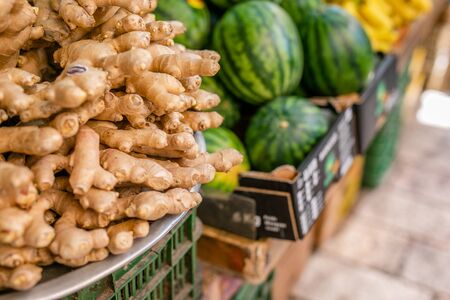 Spices, nuts and other food for sale at a market in the old city Jerusalem, Israel.の写真素材