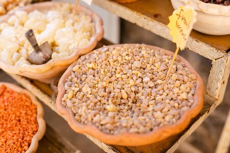 Spices, nuts and other food for sale at a market in the old city Jerusalem, Israel.の写真素材