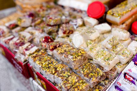 Spices, nuts and other food for sale at a market in the old city Jerusalem, Israel.の写真素材