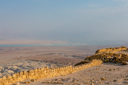 View on the ruins of the Masada fortress in the Judaean Desert, Israel.