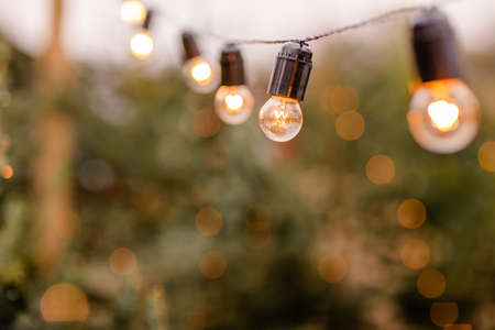 Winter street with tree and festive bokeh lighting, blurred holiday background.の写真素材