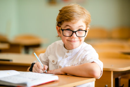 Seven years old child with glasses writing his homework at school. Boy studing at table on class background.の写真素材