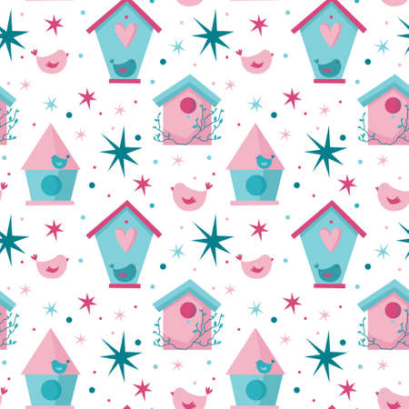 Pink and blue cute birdhouses and birds in Spring or Summer time. Vector seamless pattern for wallpaper, textile, banners.のイラスト素材
