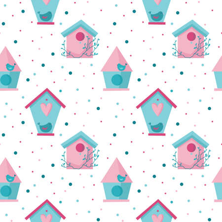 Pink and blue cute birdhouses and birds in Spring or Summer time. Vector seamless pattern for wallpaper, textile, banners.のイラスト素材