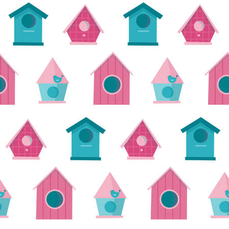 Pink and blue cute birdhouses and birds in Spring or Summer time. Vector seamless pattern for wallpaper, textile, banners.のイラスト素材