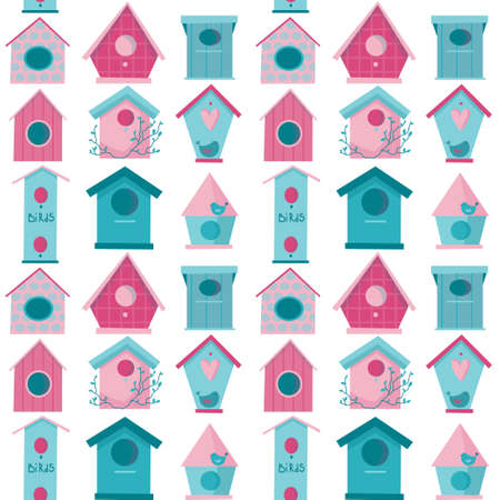 Pink and blue cute birdhouses and birds in Spring or Summer time. Vector seamless pattern for wallpaper, textile, banners.のイラスト素材