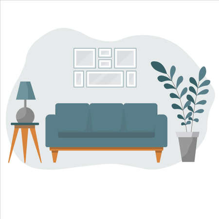 Living room interior with sofa, houseplants and home decorations. Modern apartment decorated scandinavian style. Flat cartoon vector illustrationのイラスト素材