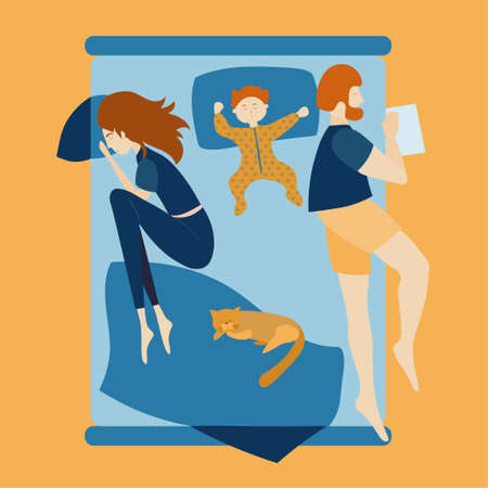 Vector illustration of a modern bedroom in blue and yellow tones. Large double bed, top view, family with children and pets sleeping togetherのイラスト素材