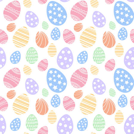 Colorful brightly colored Easter eggs. Seamless vector pattern on white background.のイラスト素材