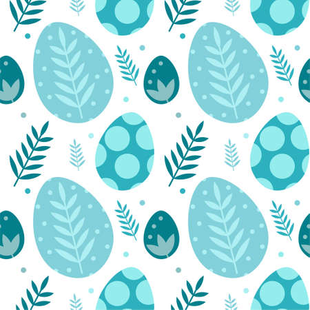 Seamless vector pattern with decorated Easter eggs, spring plants in blue on white background.のイラスト素材