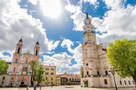 Town Hall White Swan in the center of Kaunas at the Town Hall Square in Lithuania in the spring against a blue sky with cirrus clouds. Kaunas, Lithuania - May, 2019.のeditorial素材
