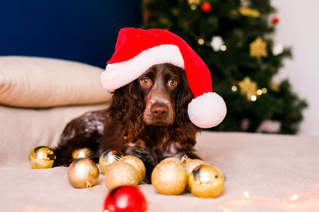 Russian spaniel in a red Santa Claus hat plays with Christmas toys, gold balls and jumps on the bed....