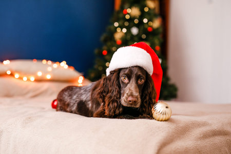 Russian spaniel in a red Santa Claus hat plays with Christmas toys, gold balls and jumps on the bed....