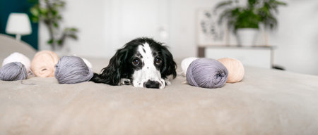 Playful Spaniel Puppy Engrossed in Woolen Ball Adventure on Bed.
