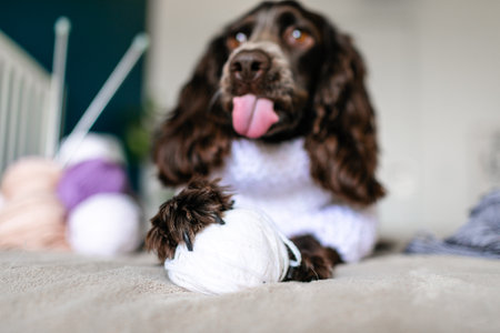 Dog Russian brown spaniel lying on the bed and playing with balls of colorful woolen threadsの写真素材