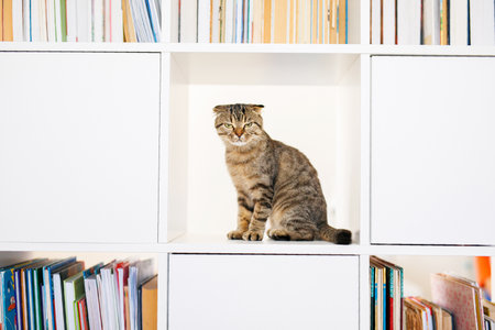Adorable Scottish Lop-Eared Kitten on White Shelf Among Books. Place for textの写真素材