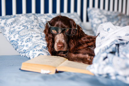 Brown spaniel with glasses lying under a warm blanket on the bed holding a book