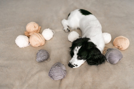 Adorable Spaniel Puppy Entertained by Woolen Balls on Cozy Bed.