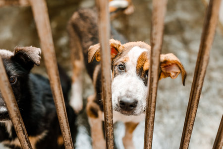 A sorrowful stray dog sits in a grimy cage in the shelter, looking pitiful.の写真素材