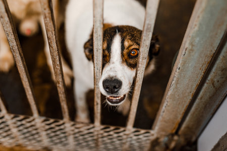 A sorrowful stray dog sits in a grimy cage in the shelter, looking pitiful.の写真素材