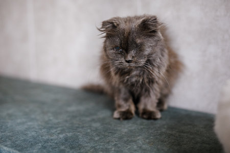 A sad, sick cat at the shelter gazes forlornly, waiting for an owner.の写真素材