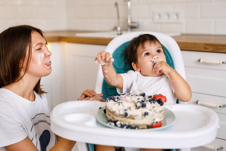 Happy mother with one year old baby celebrating with first birthday with white kitchen on background.の写真素材