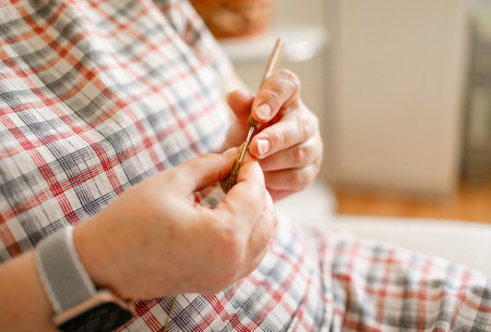 Close-up view of hands of an older woman crochetingの写真素材