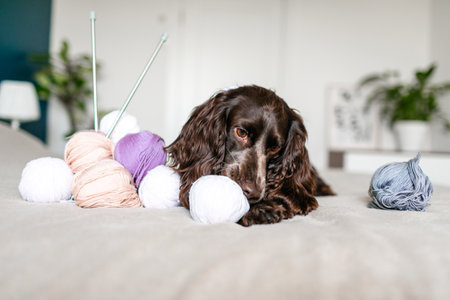 Cheerful Brown Cocker Spaniel Dog with Colorful Woolen Balls on Bedの写真素材