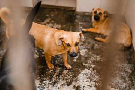 A sorrowful stray dog sits in a grimy cage in the shelter, looking pitiful.