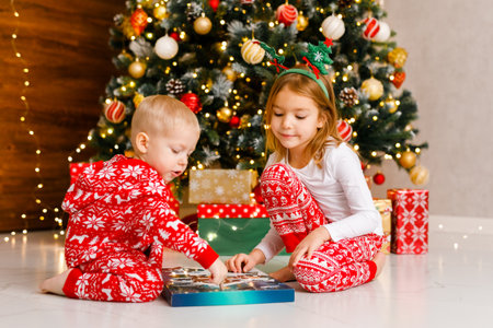 Siblings in snug pajamas are eagerly observing a Christmas surpriseの写真素材