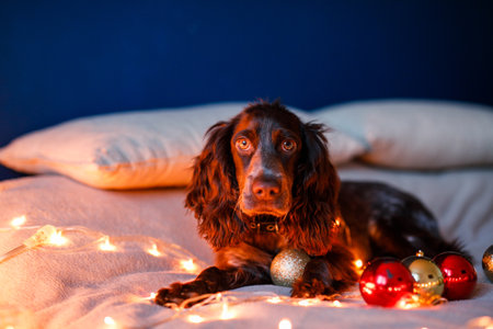 Spaniel with big ears plays with Christmas toys, gold balls and jumps on the bed. Dog holds gold balloon in his mouth.の写真素材