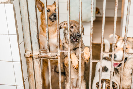 A sorrowful stray dog sits in a grimy cage in the shelter, looking pitiful.の写真素材